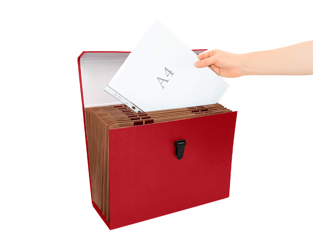 MALETIN LIDERPAPEL CON FUELLE Y ASA CARTON FORRADO 19 DEPARTAMENTOS 255X390X120 MM COLOR ROJO