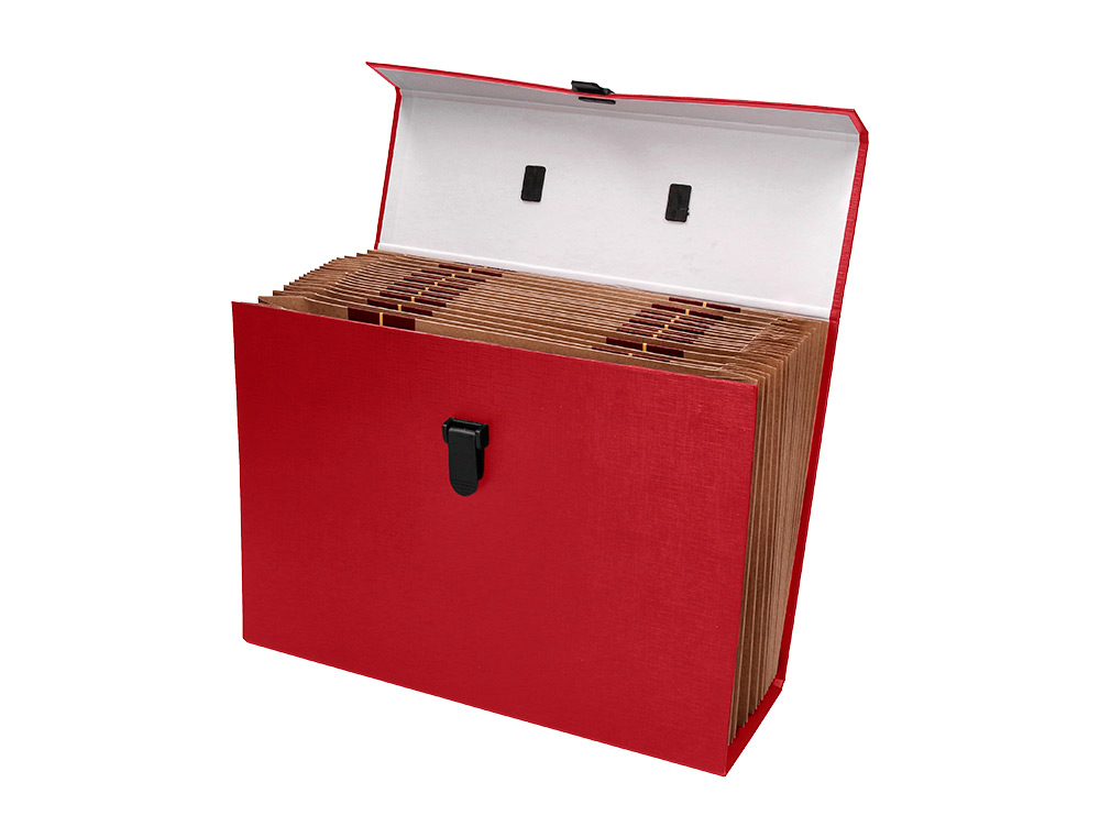 MALETIN LIDERPAPEL CON FUELLE Y ASA CARTON FORRADO 19 DEPARTAMENTOS 255X390X120 MM COLOR ROJO