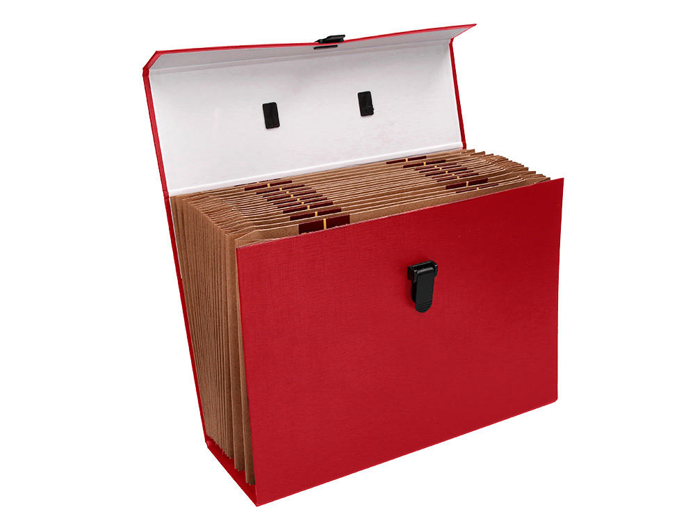 MALETIN LIDERPAPEL CON FUELLE Y ASA CARTON FORRADO 19 DEPARTAMENTOS 255X390X120 MM COLOR ROJO
