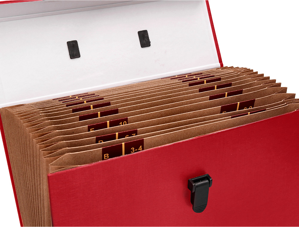 MALETIN LIDERPAPEL CON FUELLE Y ASA CARTON FORRADO 19 DEPARTAMENTOS 255X390X120 MM COLOR ROJO