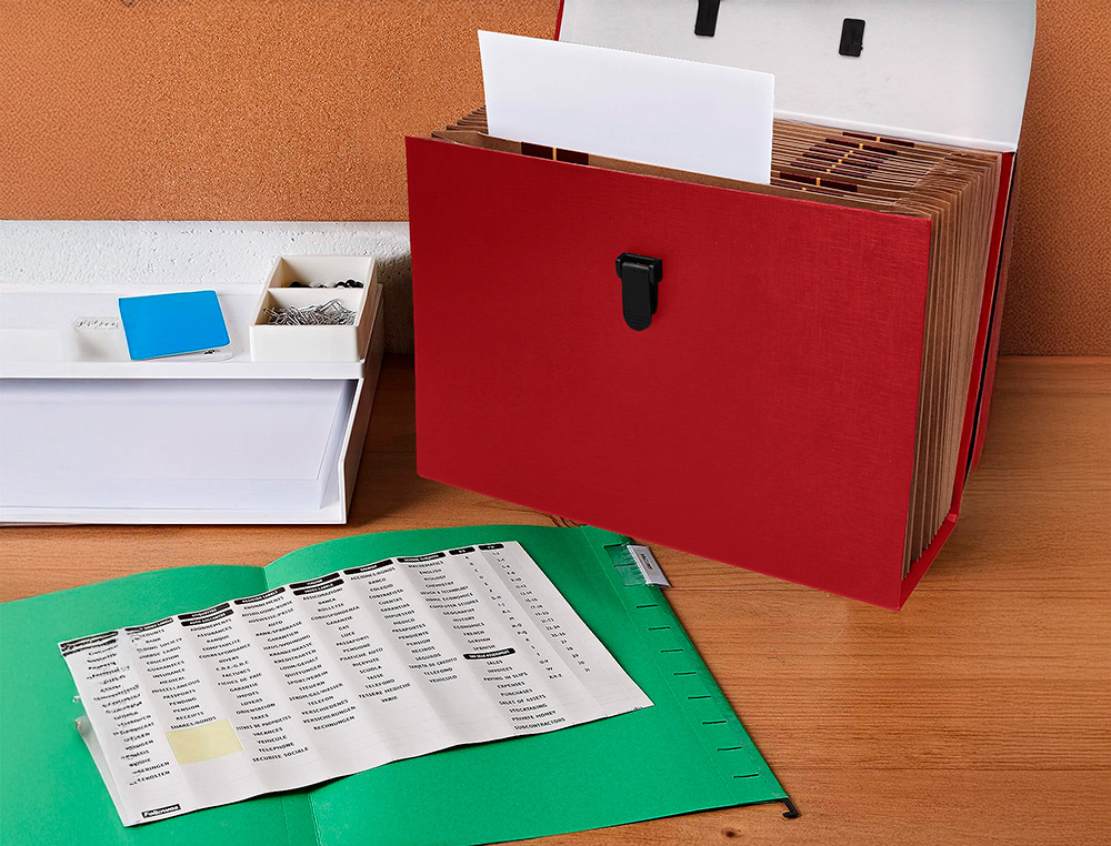 MALETIN LIDERPAPEL CON FUELLE Y ASA CARTON FORRADO 19 DEPARTAMENTOS 255X390X120 MM COLOR ROJO