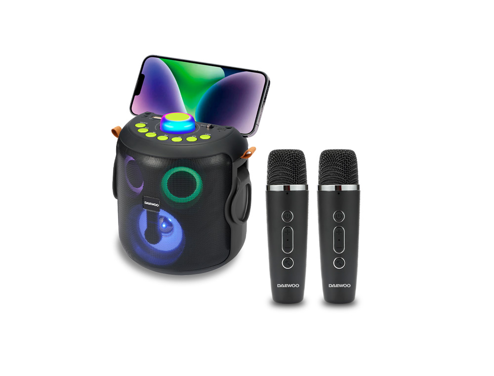 ALTAVOZ DAEWOO KARAOKE 15W BLUETOOTH LUCES LED RADIO FM 2 MICROFONOS INALAMBRICOS COLOR NEGRO