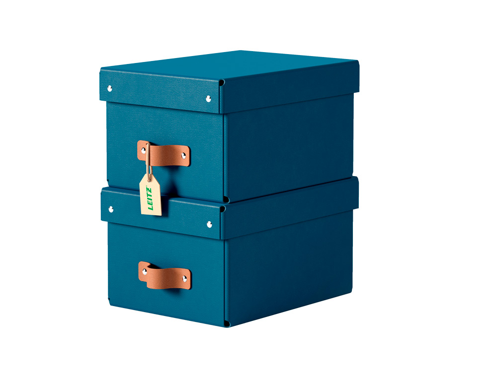 CAJA DE ALMACENAJE LEITZ CARTON PEQUEÑA CON ASA DE PIEL COLOR AZUL PACK DE 2 UNIDADES