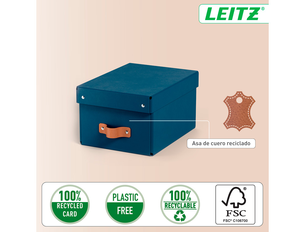 CAJA DE ALMACENAJE LEITZ CARTON PEQUEÑA CON ASA DE PIEL COLOR AZUL PACK DE 2 UNIDADES