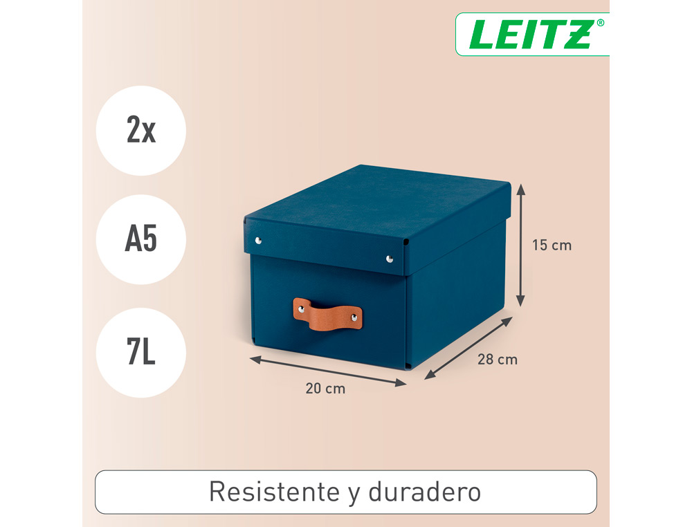 CAJA DE ALMACENAJE LEITZ CARTON PEQUEÑA CON ASA DE PIEL COLOR AZUL PACK DE 2 UNIDADES