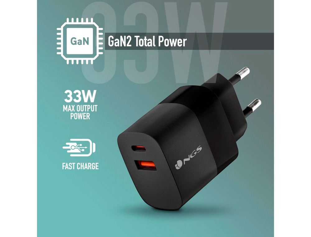 CARGADOR NGS DE PARED GAN ULTRARAPIDO PARA PORTATIL DE 33W CON 2 PUERTOS USB-C + USB-A