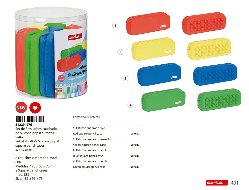 BOLSO ESCOLAR SAFTA PORTATODO CUADRADO SILICONA POP IT EXPOSITOR DE 8 UNIDADES 270X230 MM