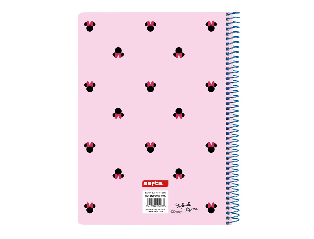 CUADERNO ESPIRAL SAFTA TAPA EXTRADURA CUARTO 80 HOJAS CUADRO 4 MM 60 GR MINNIE MOUSE NALVE