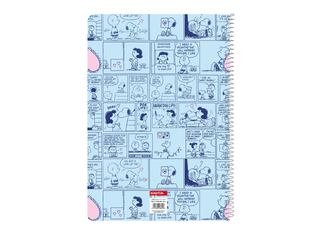 CUADERNO ESPIRAL SAFTA TAPA EXTRADURA FOLIO 80 HOJAS CUADRO 4 MM 60 GR SNOOPY LOVE