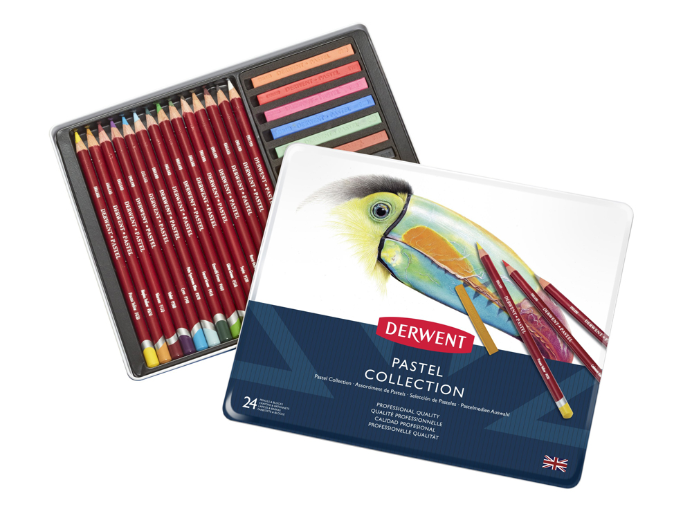 BARRA ACUARELABLE DERWENT PASTEL + 14 LAPICES COLORES PASTEL CAJA METALICA DE 24 UNIDADES SURTIDAS