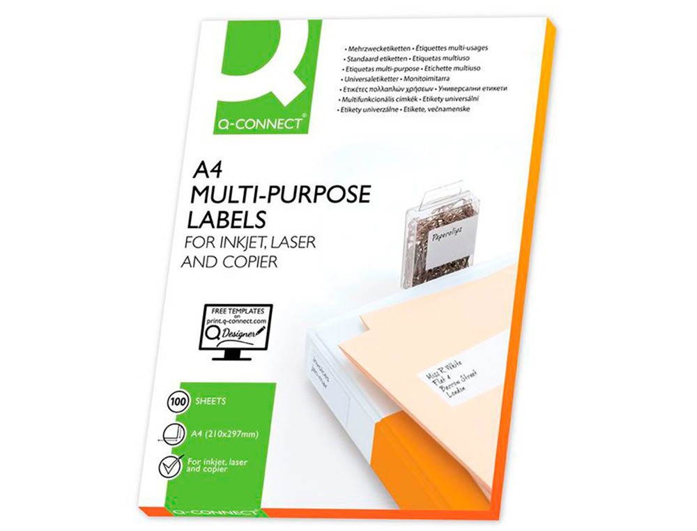 ETIQUETA ADHESIVA Q-CONNECT KF10660 TAMAO 105X148,5 MM FOTOCOPIADORA LASER INK-JET CAJA CON 100 HOJAS DIN A4