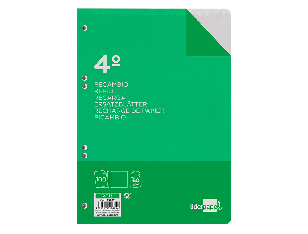RECAMBIO LIDERPAPEL CUARTO 100 HOJAS 60GR LISO SIN MARGEN 6 TALADROS