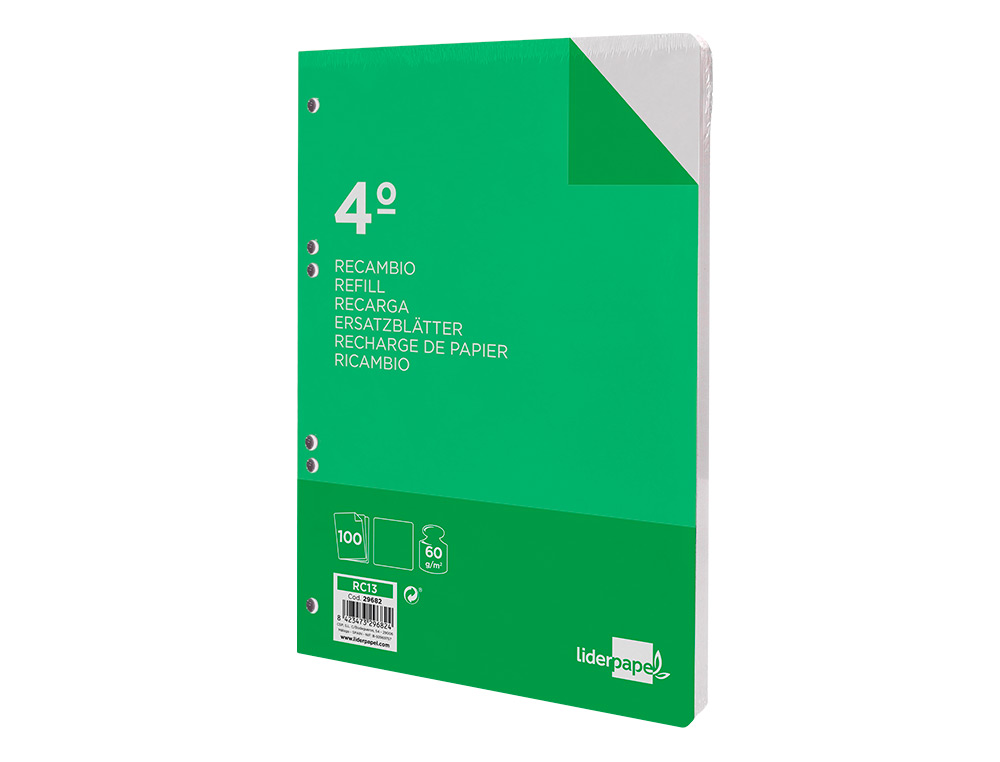 RECAMBIO LIDERPAPEL CUARTO 100 HOJAS 60GR LISO SIN MARGEN 6 TALADROS