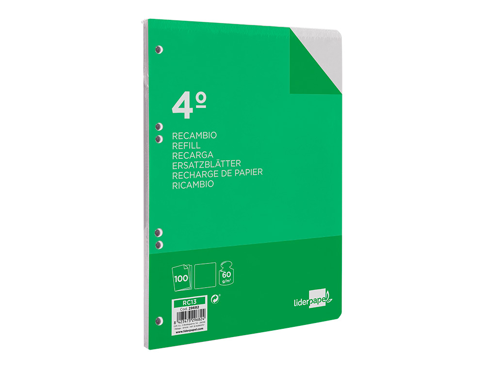 RECAMBIO LIDERPAPEL CUARTO 100 HOJAS 60GR LISO SIN MARGEN 6 TALADROS