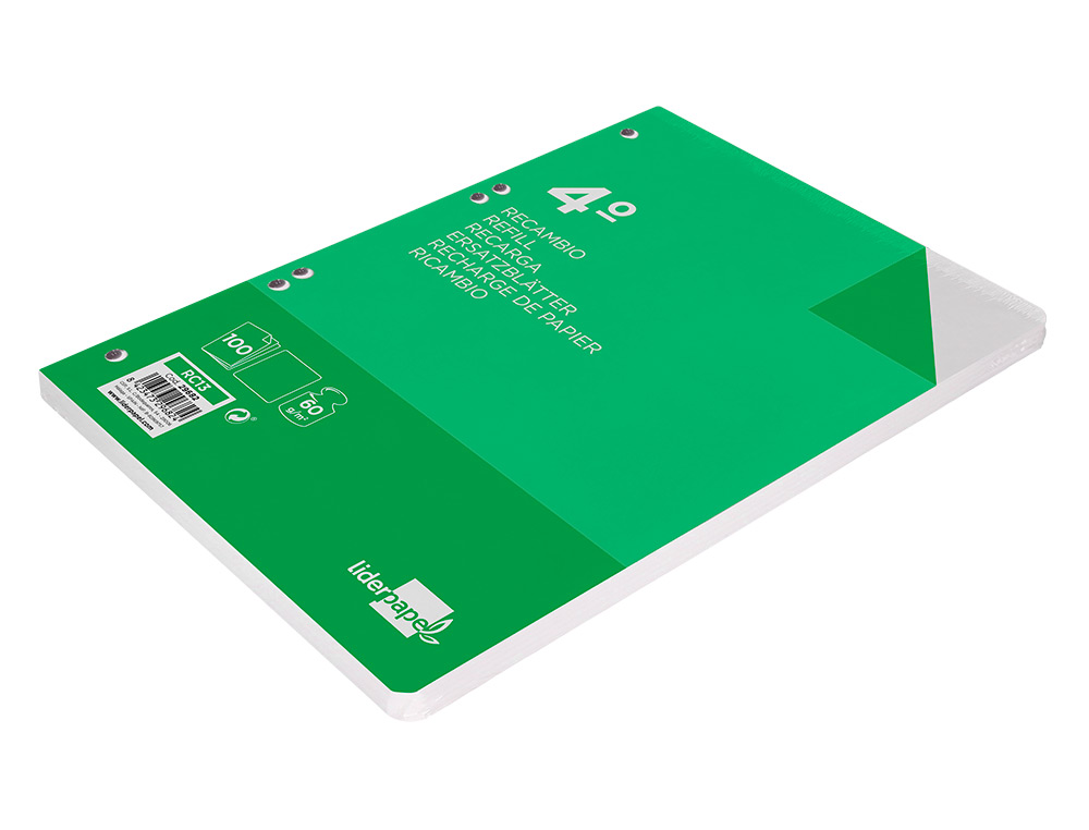 RECAMBIO LIDERPAPEL CUARTO 100 HOJAS 60GR LISO SIN MARGEN 6 TALADROS