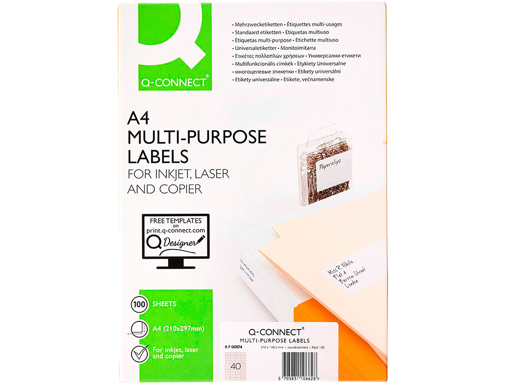ETIQUETA ADHESIVA Q-CONNECT KF00574 -TAMAO 52,5X29,7 MM -FOTOCOPIADORA -LASER -INK-JET-CAJA CON 100 HOJAS DIN A4