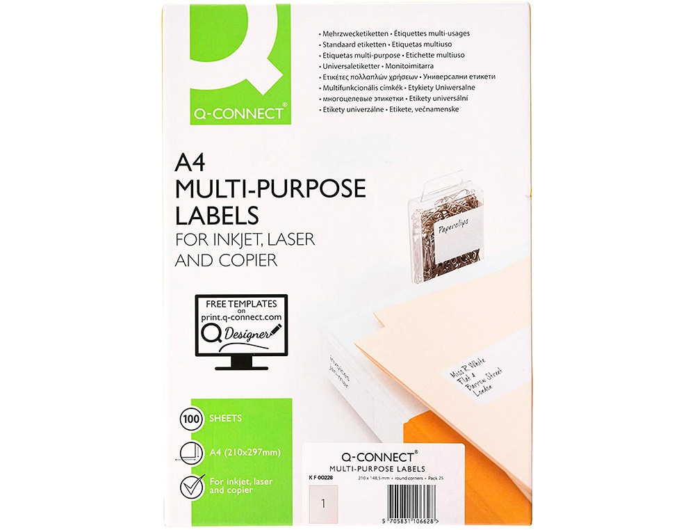 ETIQUETA ADHESIVA Q-CONNECT KF00228 -TAMAO DIN A4 -PARA INK-JET -TRANSPARENTE -CAJA CON 25 HOJAS DIN-A4