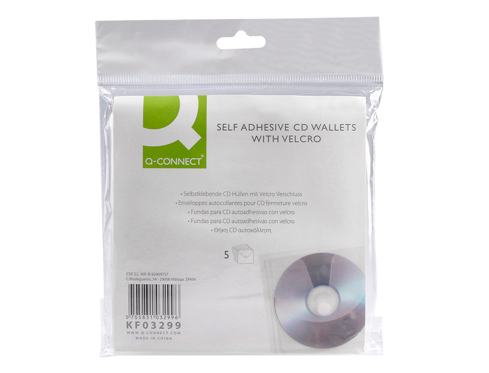 SOBRE PARA CD Q-CONNECT POLIPROPILENO AUTOADHESIVO CONVELCRO-BOLSA CON 5 UNIDADES-