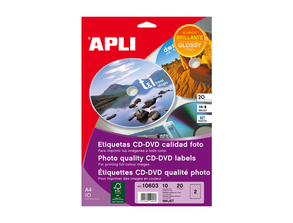 ETIQUETA ADHESIVA APLI 10603 TAMAO CD-ROM 117 MM PARA FOTOCOPIADORA LASER INK-JET CAJA CON 10 HOJAS/20 ETIQUETAS