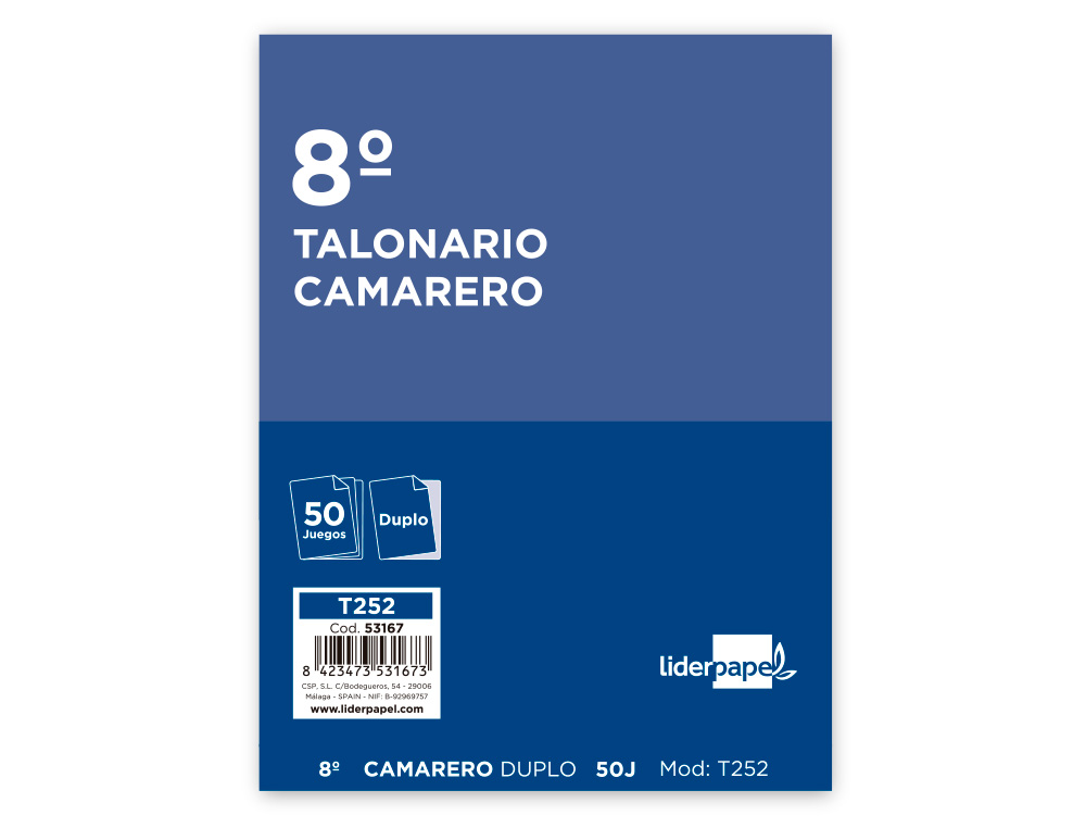 TALONARIO LIDERPAPEL CAMARERO OCTAVO ORIGINAL Y COPIA T252 ZIG ZAG