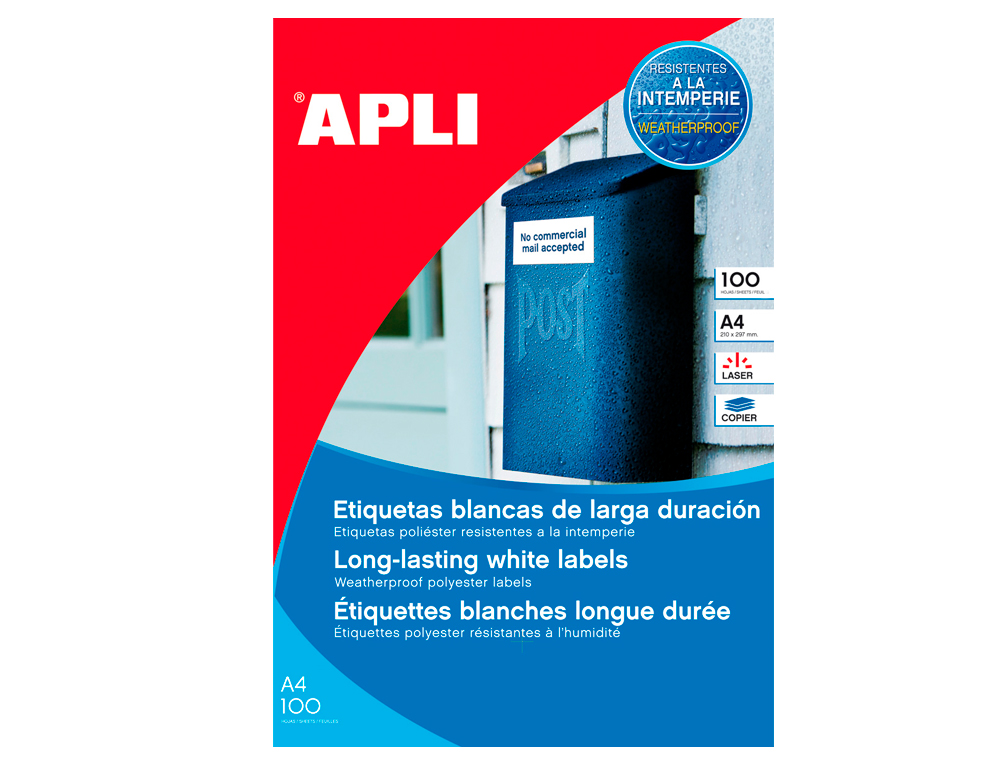 ETIQUETAS ADHESIVAS APLI 12121 TAMAO 210X297 MM POLIESTER RESISTENTE A LA INTERPERIE IMPRESION LASER