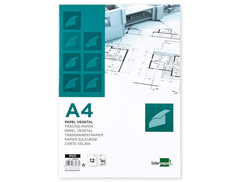 PAPEL VEGETAL LIDERPAPEL A4 90GR 210X297MM SOBRE DE 12 HOJAS