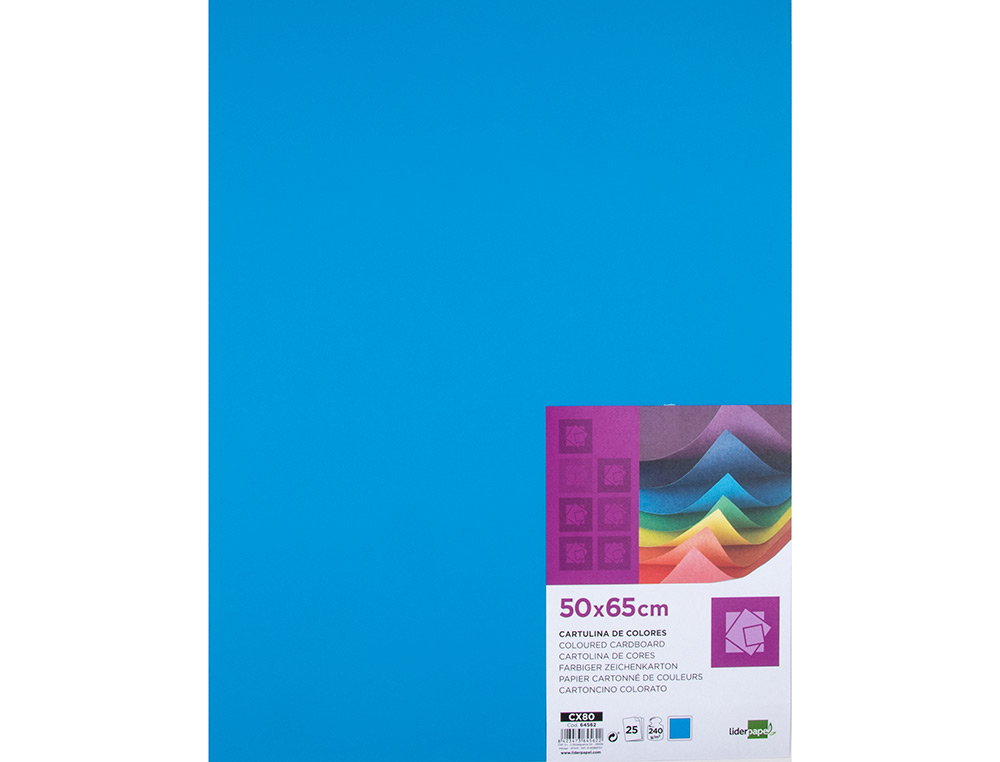 CARTULINA LIDERPAPEL 50X65 CM 240G/M2 AZUL TURQUESA PAQUETE DE 25 HOJAS