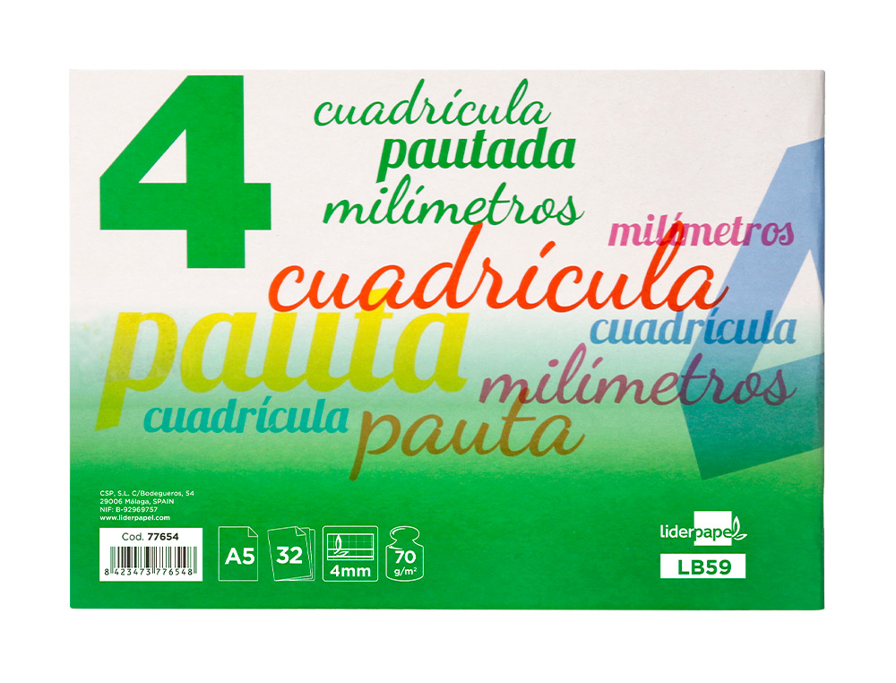 LIBRETA LIDERPAPEL PAUTAGUIA TAPA CARTONCILLO 32 HOJAS DIN A5 70 GR CUADRICULADO PAUTADO 4 MM APAISADO CON MARGEN