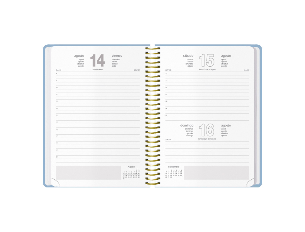 AGENDA ESPIRAL DOHE 2026 VELVET CARTON IMPRESO PLASTIFICADO DIA PAGINA 140X200 MM COLOR AZUL