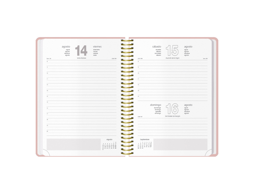 AGENDA ESPIRAL DOHE 2026 VELVET CARTON IMPRESO PLASTIFICADO DIA PAGINA 140X200 MM COLOR ROSA