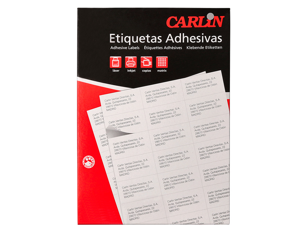 ETIQUETA ADHESIVA CARLIN 105X29 MM FOTOCOPIADORA LASER INK-JET CAJA DE 100 HOJAS DIN A4