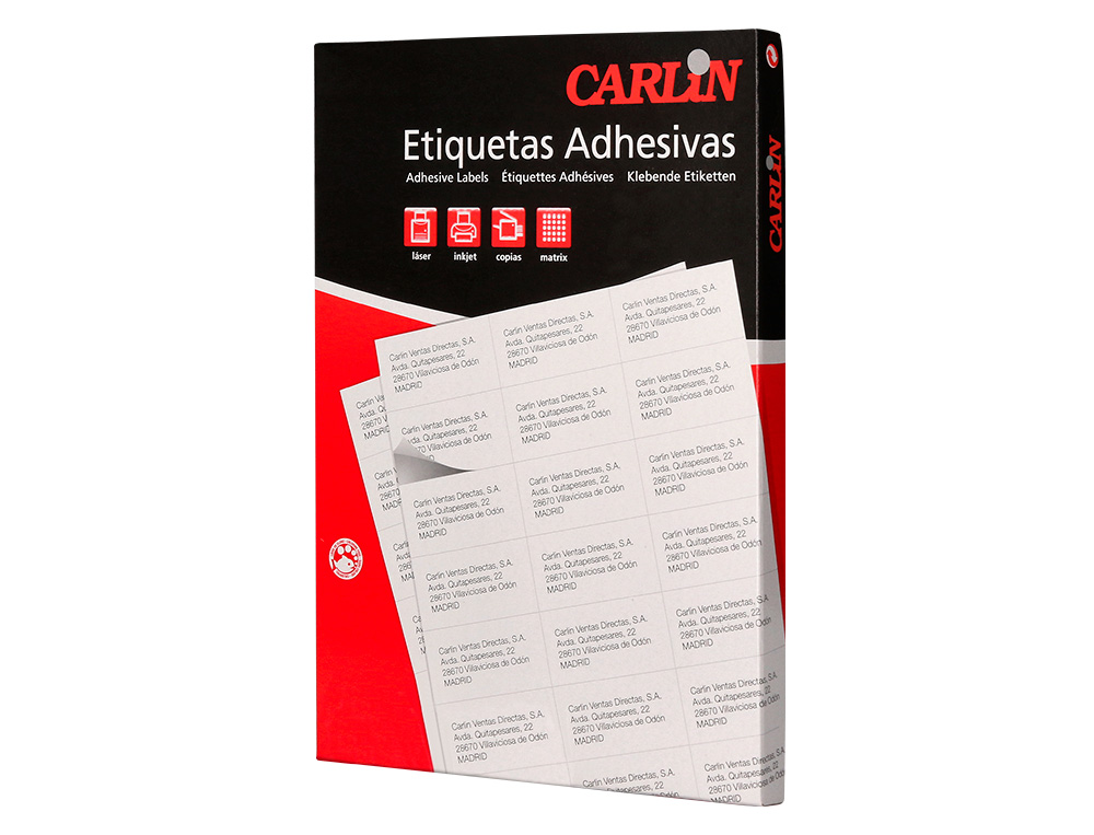 ETIQUETA ADHESIVA CARLIN 105X29 MM FOTOCOPIADORA LASER INK-JET CAJA DE 100 HOJAS DIN A4