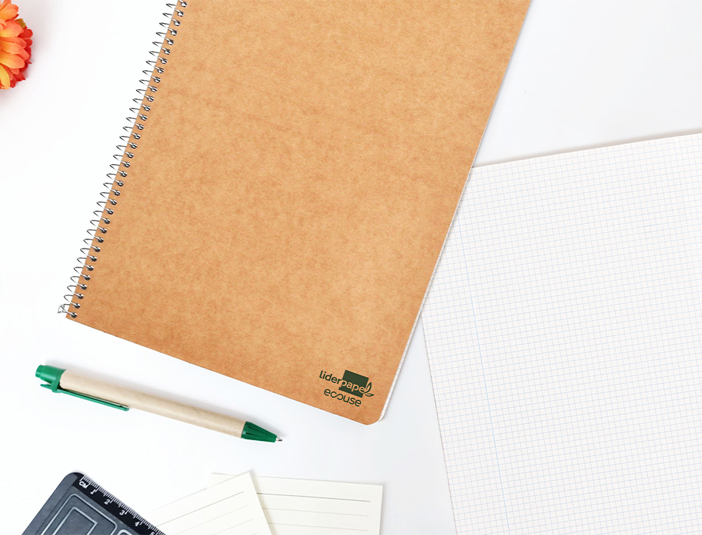 CUADERNO ESPIRAL LIDERPAPEL DIN A4 ECOUSE TAPA CARTULINA KRAFT 80H PAPEL RECICLADO 80GR CUADRO 4MM CON MARGEN