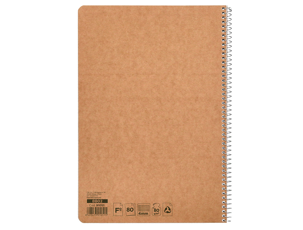 CUADERNO ESPIRAL LIDERPAPEL DIN A4 ECOUSE TAPA CARTULINA KRAFT 80H PAPEL RECICLADO 80GR CUADRO 4MM CON MARGEN