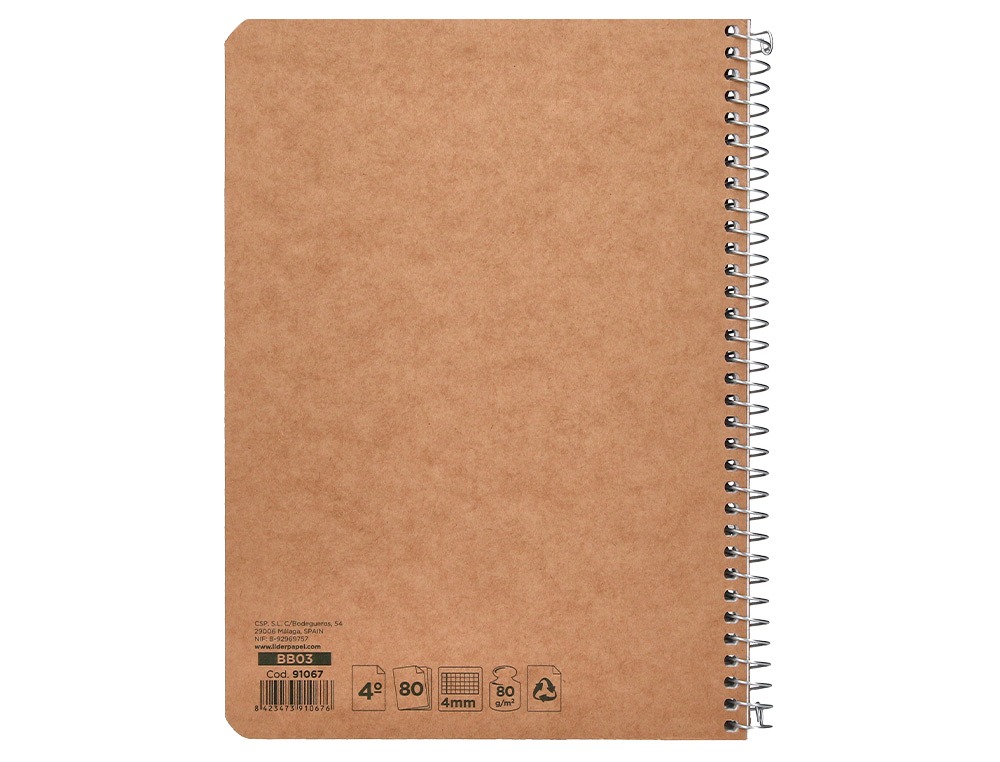 CUADERNO ESPIRAL LIDERPAPEL CUARTO ECOUSE TAPA CARTULINA KRAFT 80H PAPEL RECICLADO 80 GR CUADRO 4MM