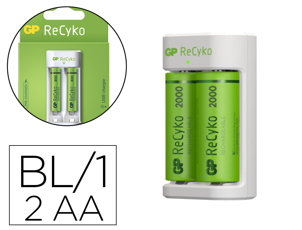 CARGADOR DE PILAR RECARGABLES GP AA/AAA INCLUYE 2 PILAS AA 2100 MAH