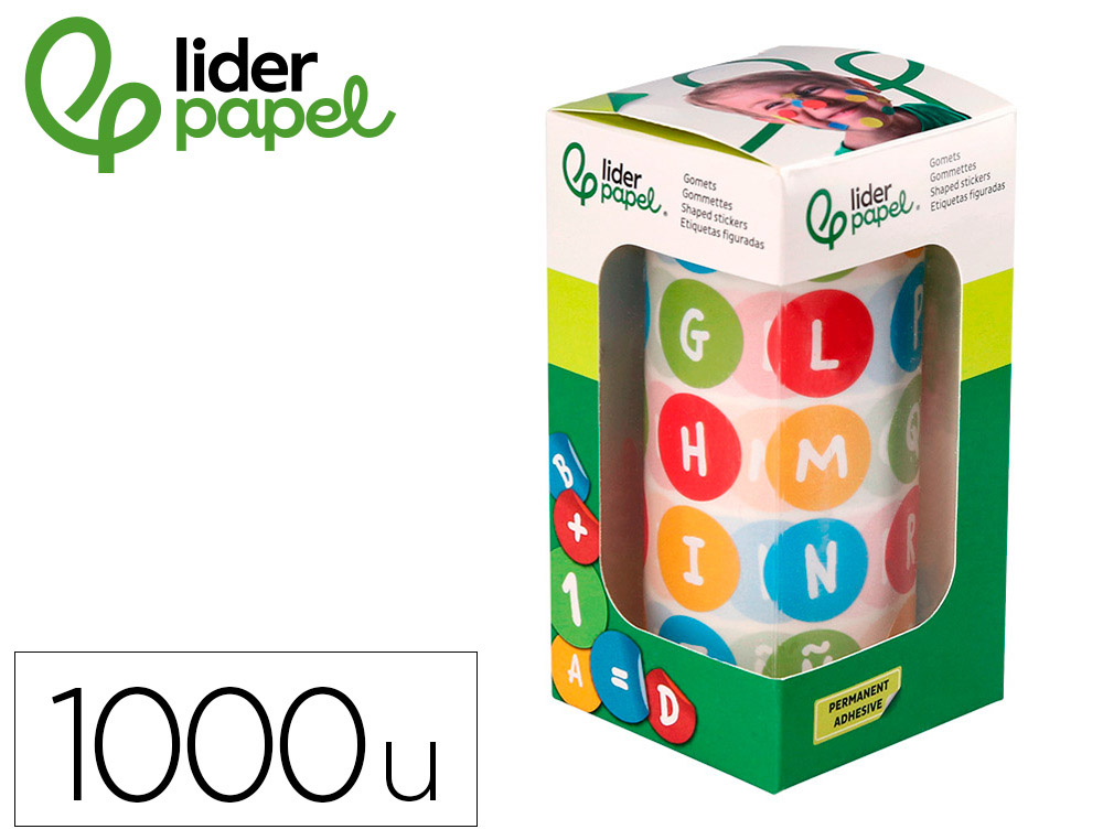 GOMETS LIDERPAPEL AUTOADHESIVO S REDONDO ABECEDARIO 20 MM COLORES SURTIDOS ROLLO DE 1000 UNIDADES EN CAJA DE CARTON