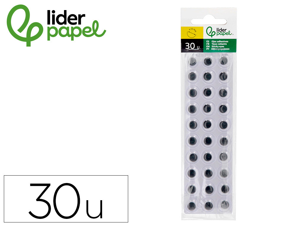 OJO ADHESIVO LIDERPAPEL 12 MM BLANCO CON PUPILA NEGRA BOLSA DE 30 UNIDADES