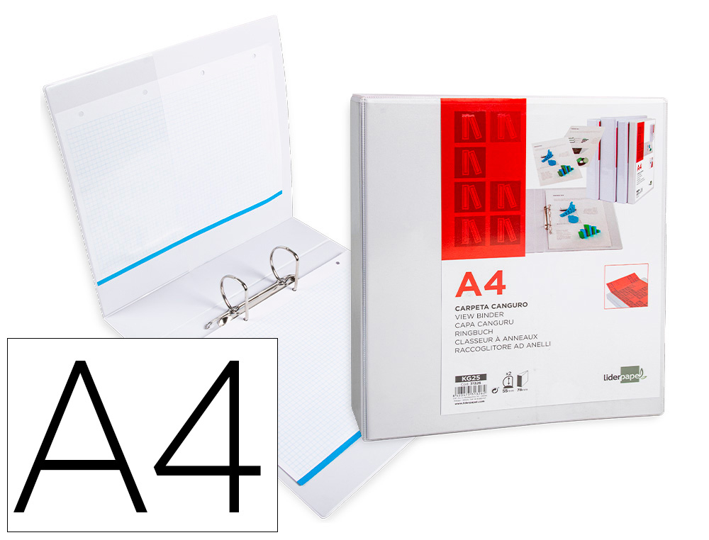 CARPETA CANGURO 2 ANILLAS MIXTAS 55MM LIDERPAPEL A4 PLASTICO BLANCA