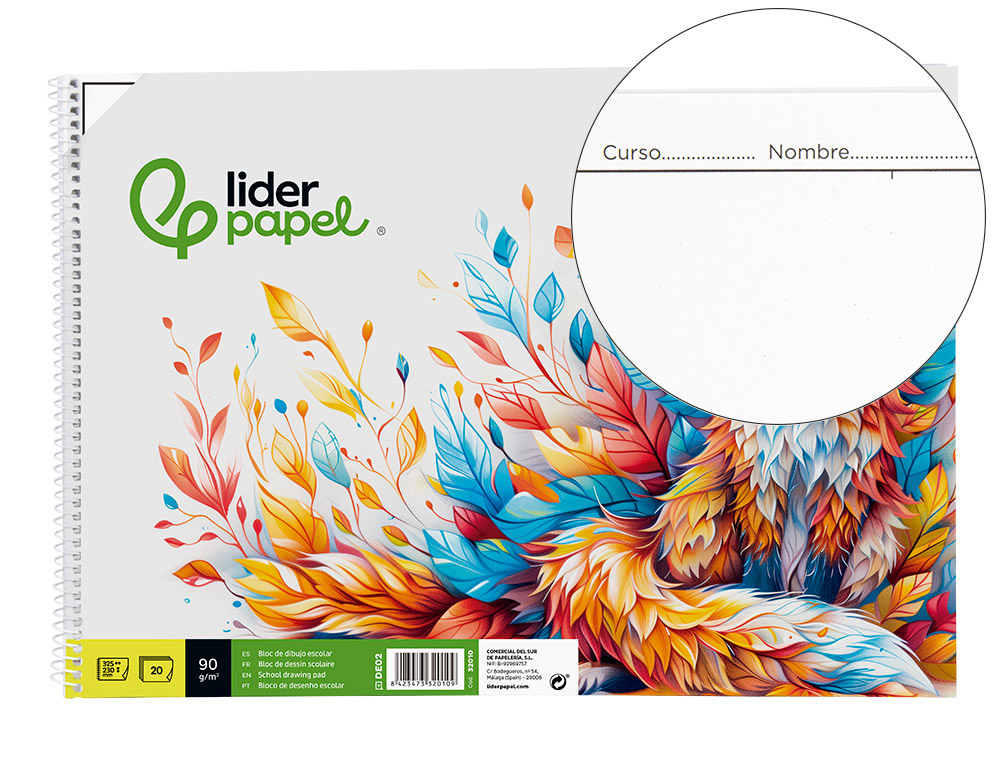 BLOC DIBUJO LIDERPAPEL ESCOLAR ESPIRAL 230X325MM 20 HOJAS 90G M2 CON RECUADRO