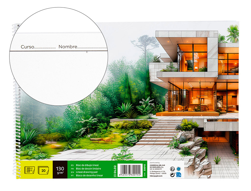 BLOC DIBUJO LIDERPAPEL LINEAL ESPIRAL 230X325MM 20 HOJAS 130G/M2 CON RECUADRO PERFORADO