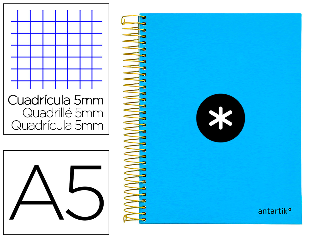 CUADERNO ESPIRAL LIDERPAPEL A5 MICRO ANTARTIK TAPA FORRADA120H 90 GR CUADRO 5MM 5 BANDAS6 TALADROS COLOR AZUL